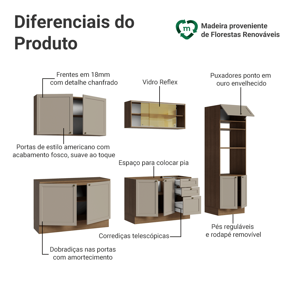 Armário de Cozinha Completa 310 cm Rustic/Crema Vik Madesa 01