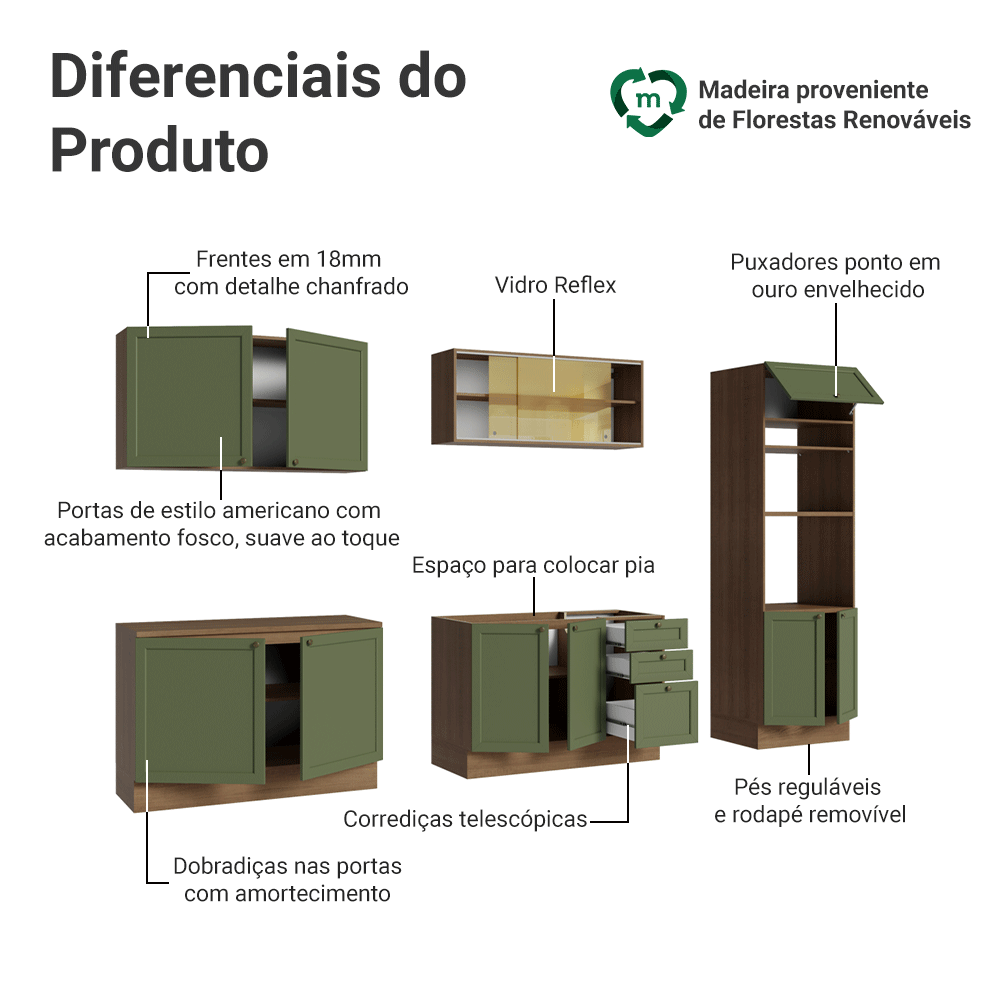 Armário de Cozinha Completa 310 cm Rustic/Verde Vik Madesa 01