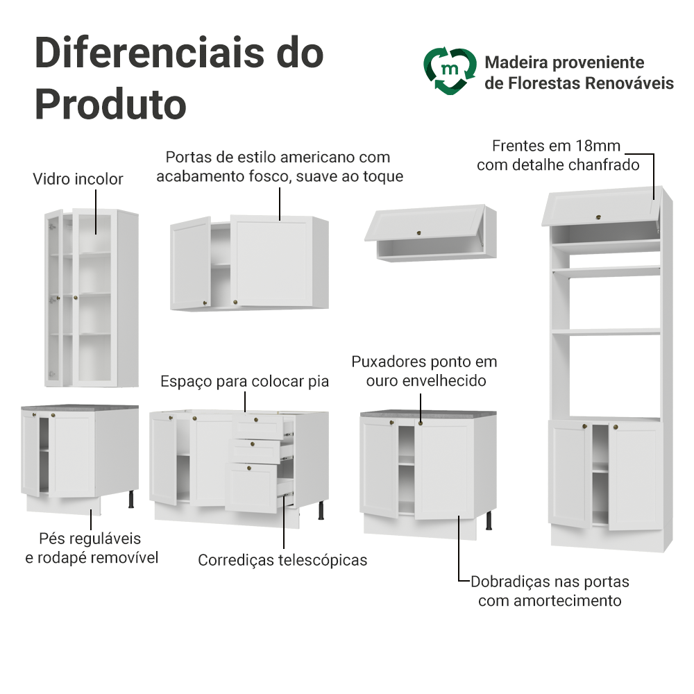 Armário de Cozinha Completa 340 cm Branco Vik Madesa 01