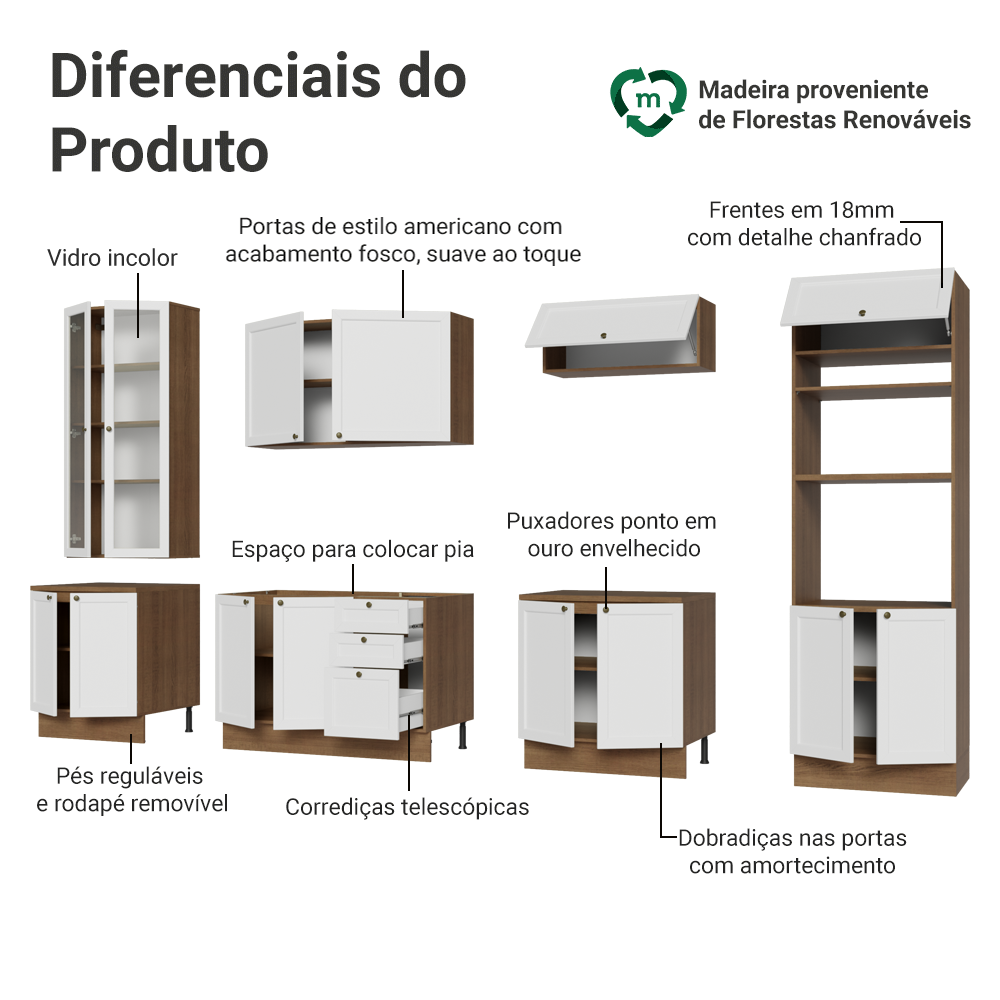 Armário de Cozinha Completa 340 cm Rustic/Branco Vik Madesa 01