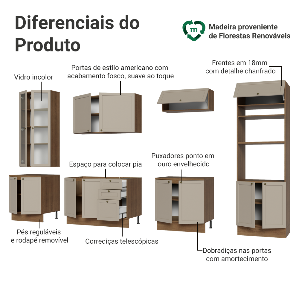 Armário de Cozinha Completa 340 cm Rustic/Crema Vik Madesa 01