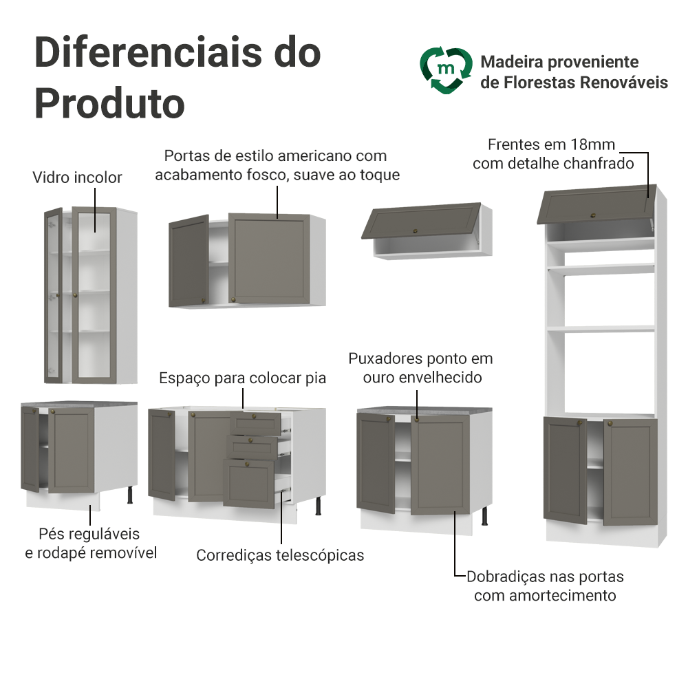 Armário de Cozinha Completa 340 cm Branco/Cinza Vik Madesa 01