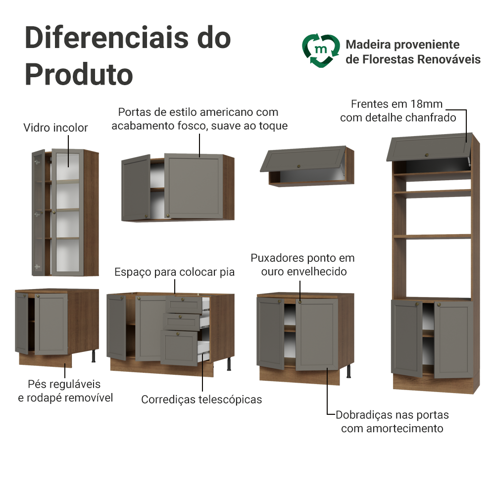 Armário de Cozinha Completa 340 cm Rustic/Cinza Vik Madesa 01