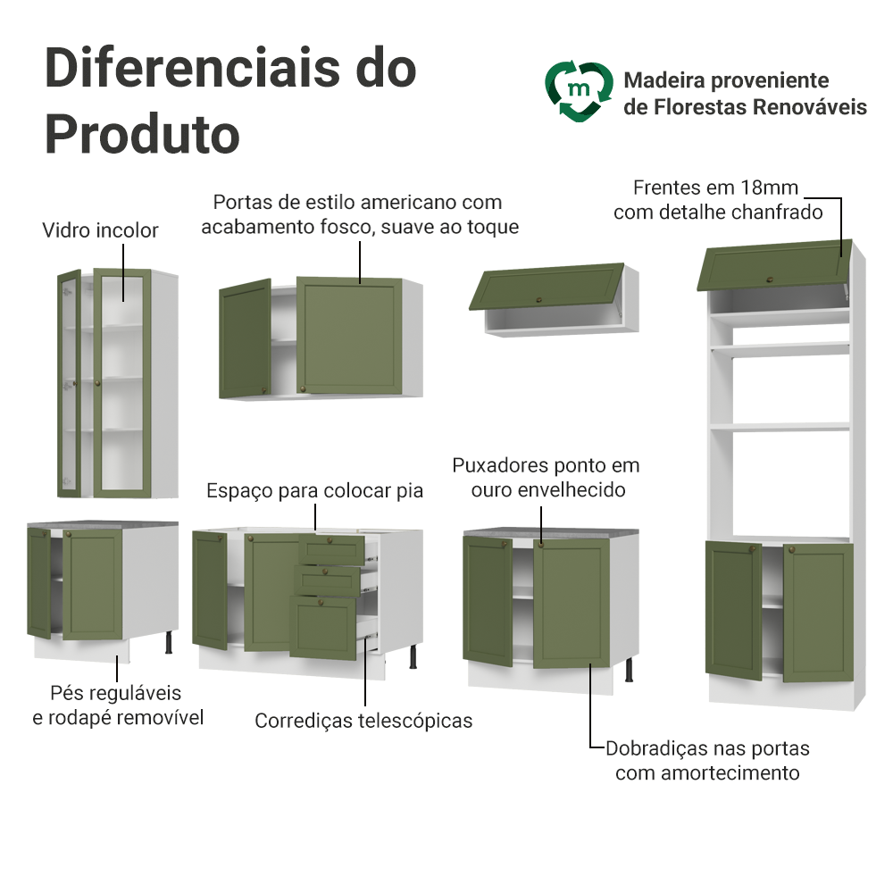 Armário de Cozinha Completa 340 cm Branco/Verde Vik Madesa 01