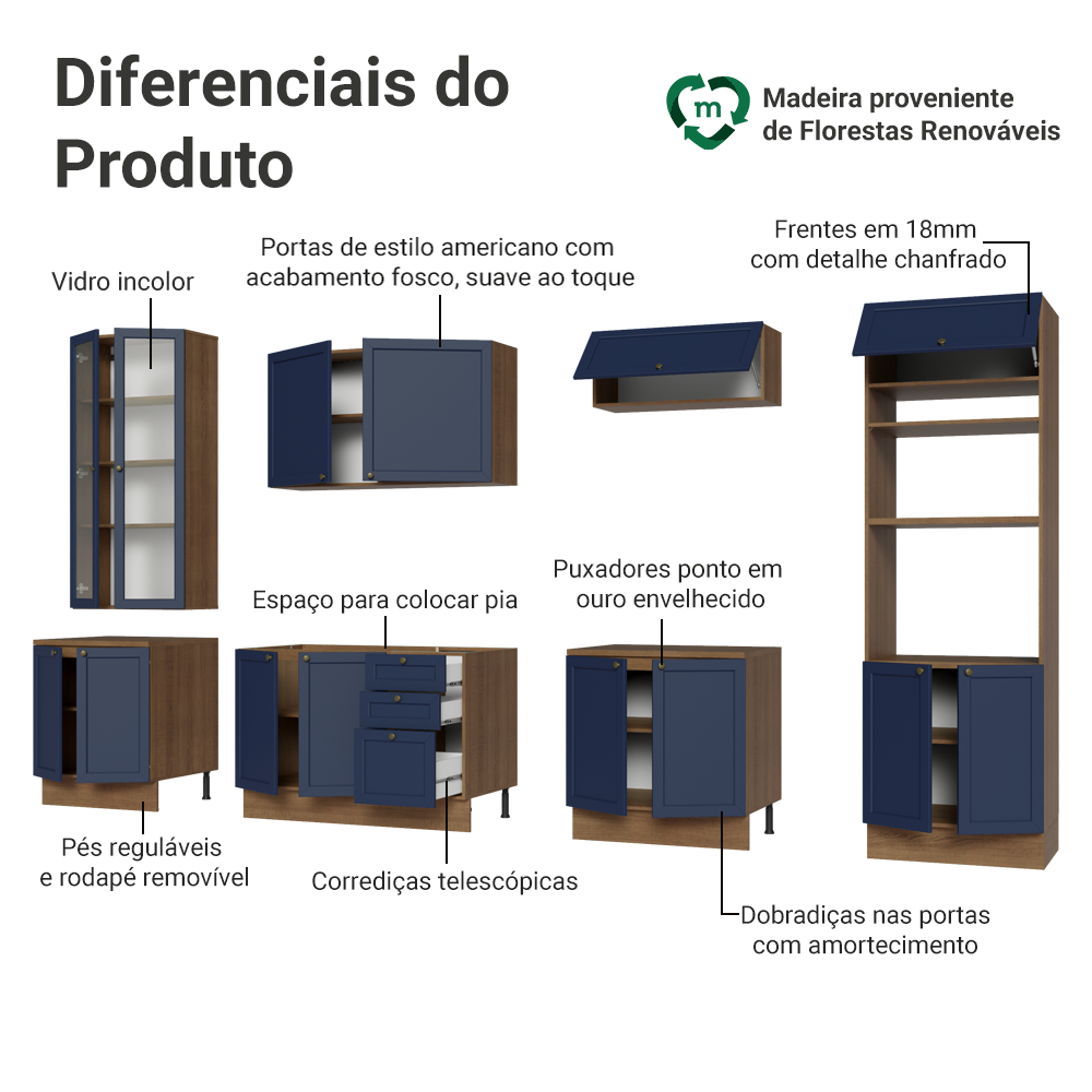 Armário de Cozinha Completa 340 cm Rustic/Azul Vik Madesa 01