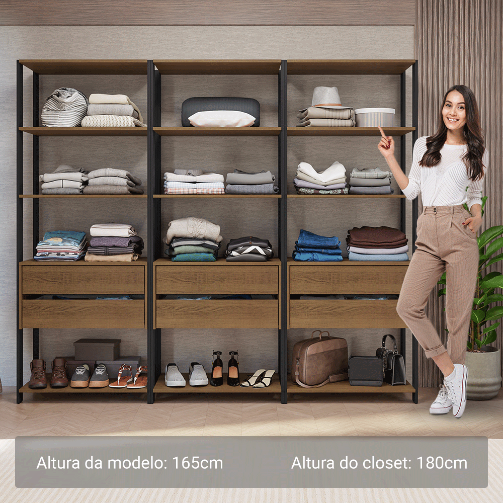 Guarda-Roupa Closet Modulado 6 Gavetas 12 Prateleiras 210cm Rustic/Preto Valencia Madesa
