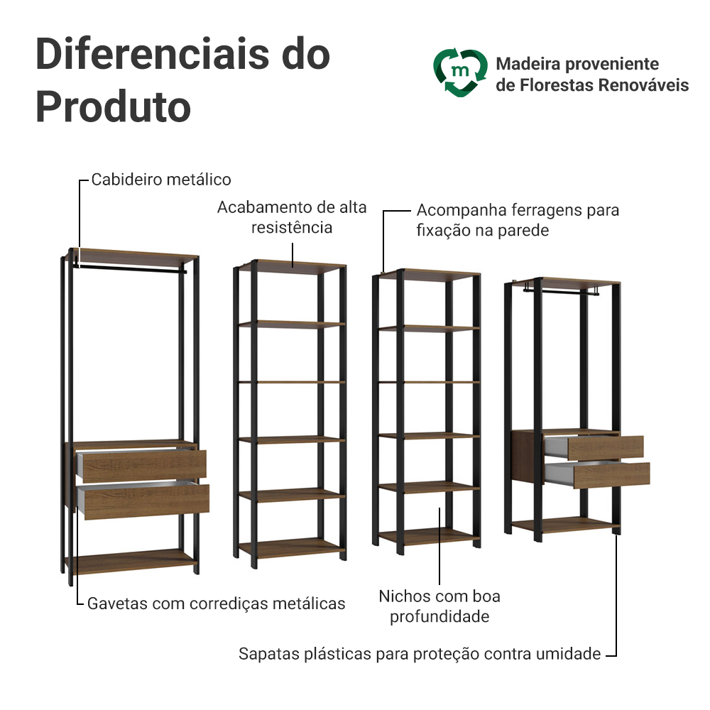 Guarda-Roupa Closet Modulado Valencia 4 Gavetas 258cm Rustic/Preto Madesa 02