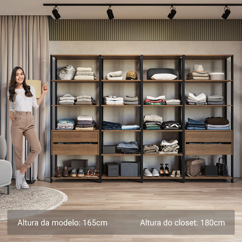 Guarda-Roupa Closet Modulado 4 Gavetas 18 Prateleiras 258cm Rustic/Preto Valencia Madesa