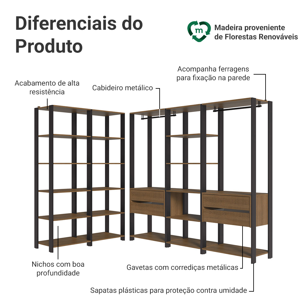 Guarda-Roupa Closet Modulado 4 Gavetas 317 cm Rustic/Preto Valencia Madesa