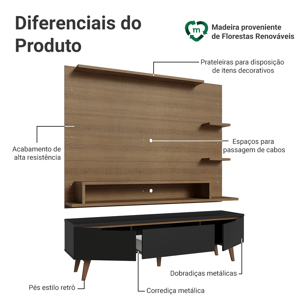Rack com Painel para TV até 60 Polegadas 180 cm com Pés Rustic/Preto/Rustic Reims Madesa