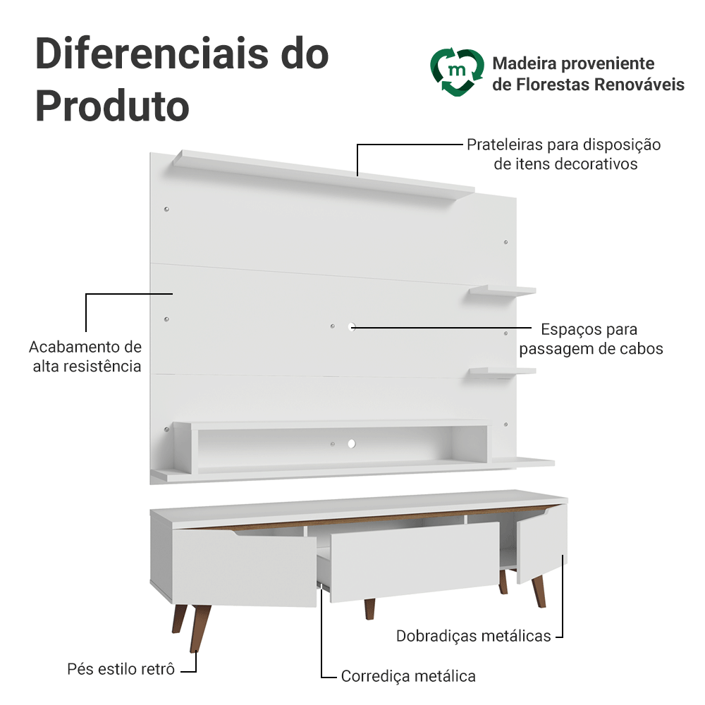 Rack com Painel para TV até 60 Polegadas 180 cm com Pés Branco/Rustic Reims Madesa