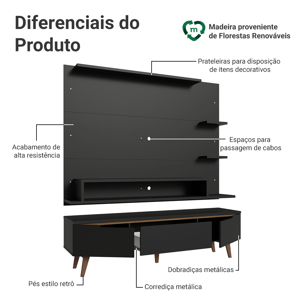 Rack com Painel para TV até 60 Polegadas 180 cm com Pés Preto/Rustic Reims Madesa