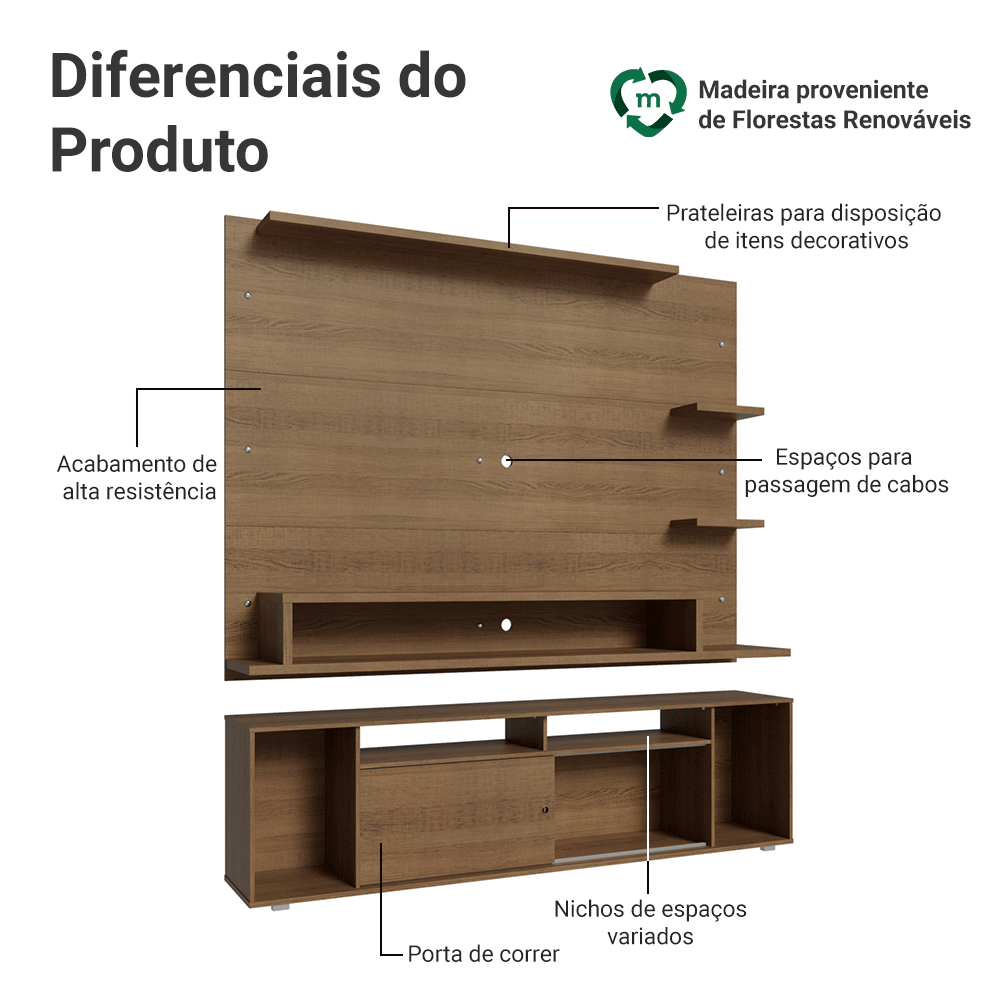 Rack com Painel para TV até 60 Polegadas 180 cm Rustic Cancun Madesa