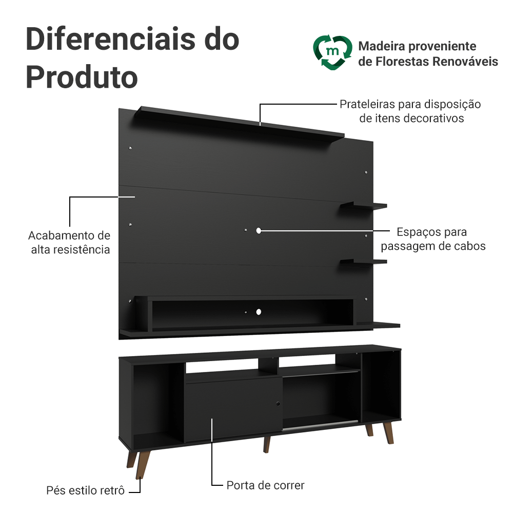 Rack com Painel para TV até 60 Polegadas 180 cm com Pés Preto/Rustic Cancun Madesa