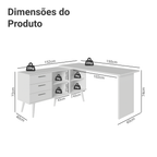 Escrivaninha Em L Mesa Para Computador Gamer 3 Gavetas Branco Lisboa Madesa