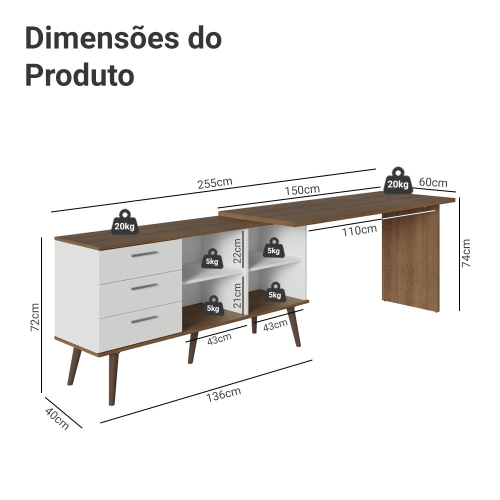 Escrivaninha Em L Mesa Para Computador Gamer 3 Gavetas Branco/Rustic Lisboa Madesa