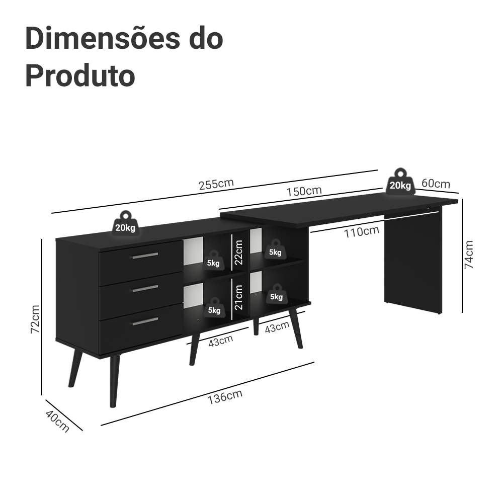 Escrivaninha Em L Mesa Para Computador Gamer 3 Gavetas Preto Lisboa Madesa