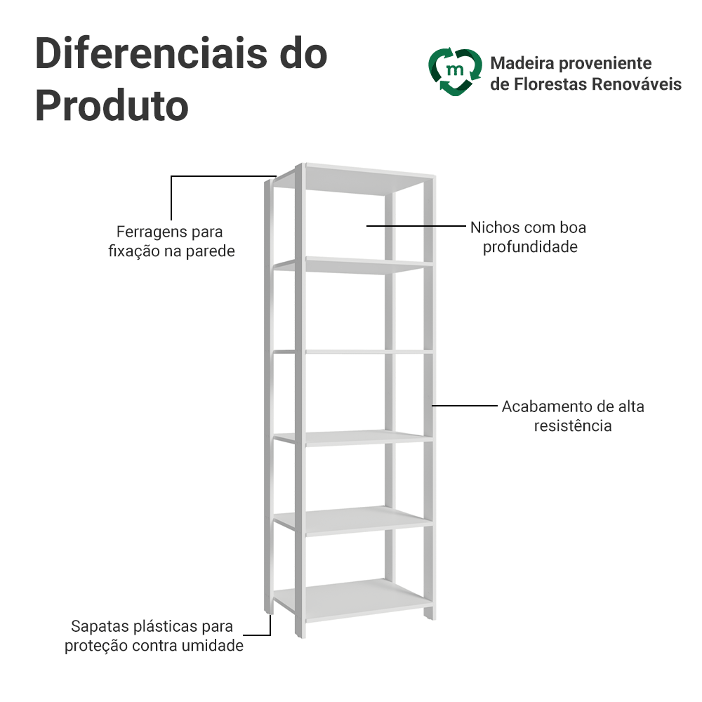 Estante Armário Multiuso para Escritório 59cm 5 Prateleiras Branco Madesa