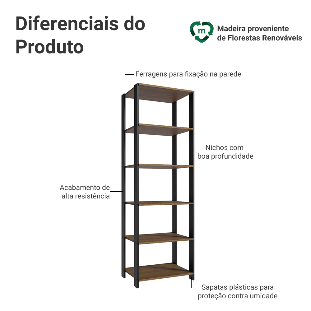 Estante Armário Multiuso para Escritório 59cm 5 Prateleiras Rustic/Preto Madesa