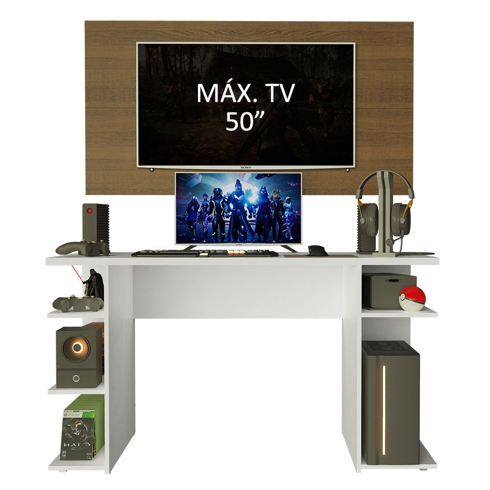 Mesa para Computador Gamer Madesa 9409 e Painel para TV até 50 Polegadas Branco/Rustic