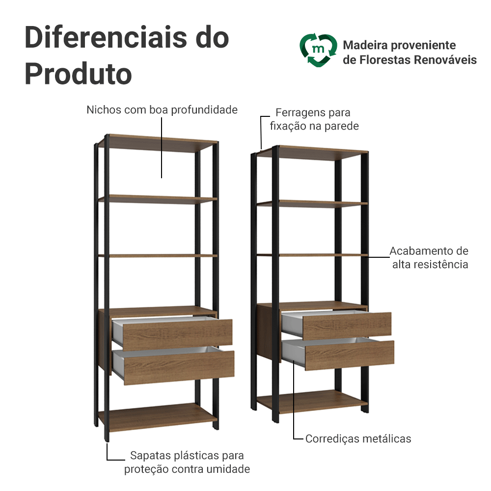 Estante Armário Multiuso para Livros 4 Gavetas 8 prateleiras 140cm Rustic/Preto Madesa
