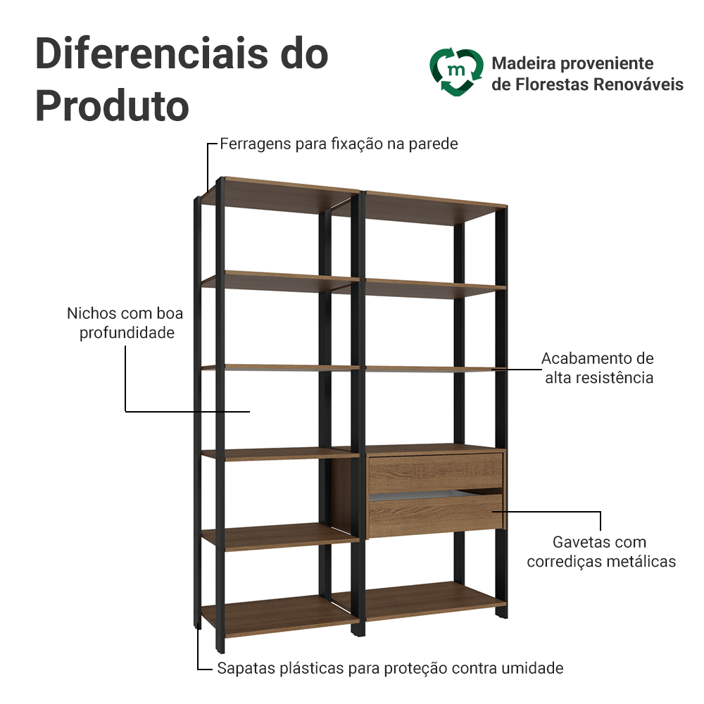 Estante Armário Multiuso para Escritório 129cm 9 Prateleiras 2 Gavetas Rustic/Preto Madesa
