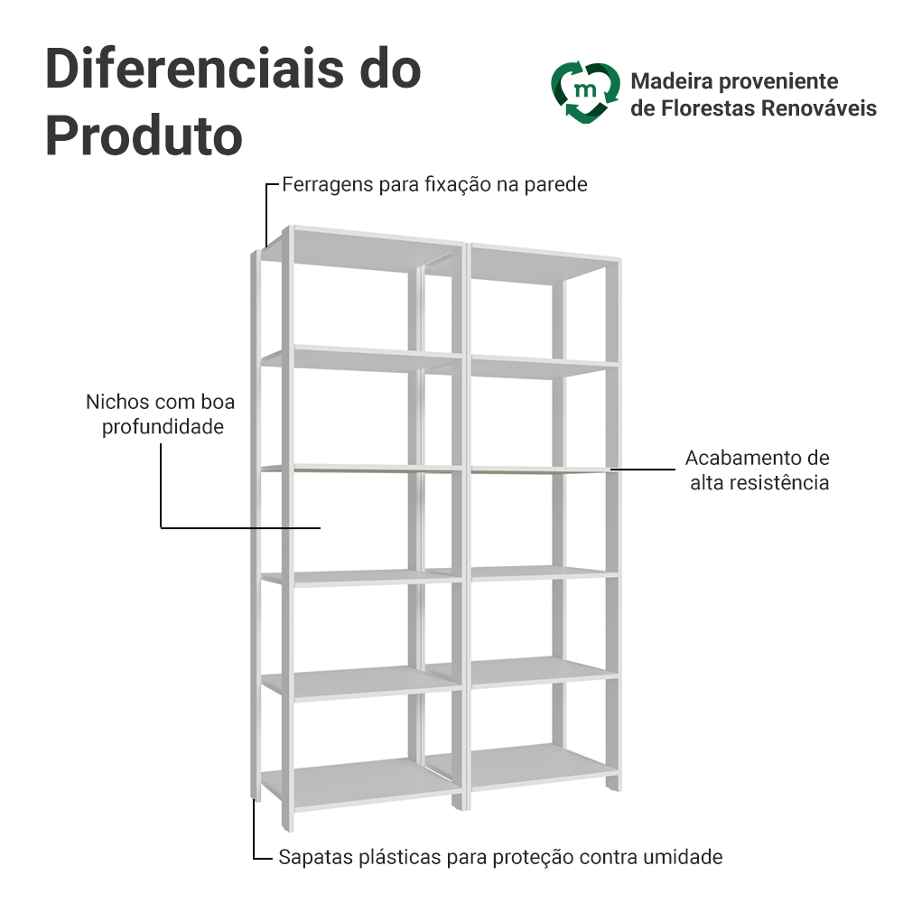 Estante Armário Multiuso para Escritório 118cm 10 Prateleiras Branco Madesa
