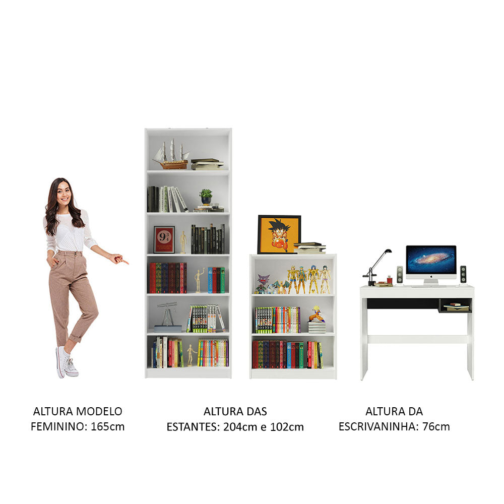 Escrivaninha Madesa Rubi + Estante 6908 + Estante 6907 Branco/Preto