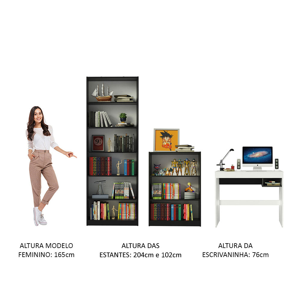 Escrivaninha Madesa Rubi + Estante 6908 + Estante 6907 Preto/Branco