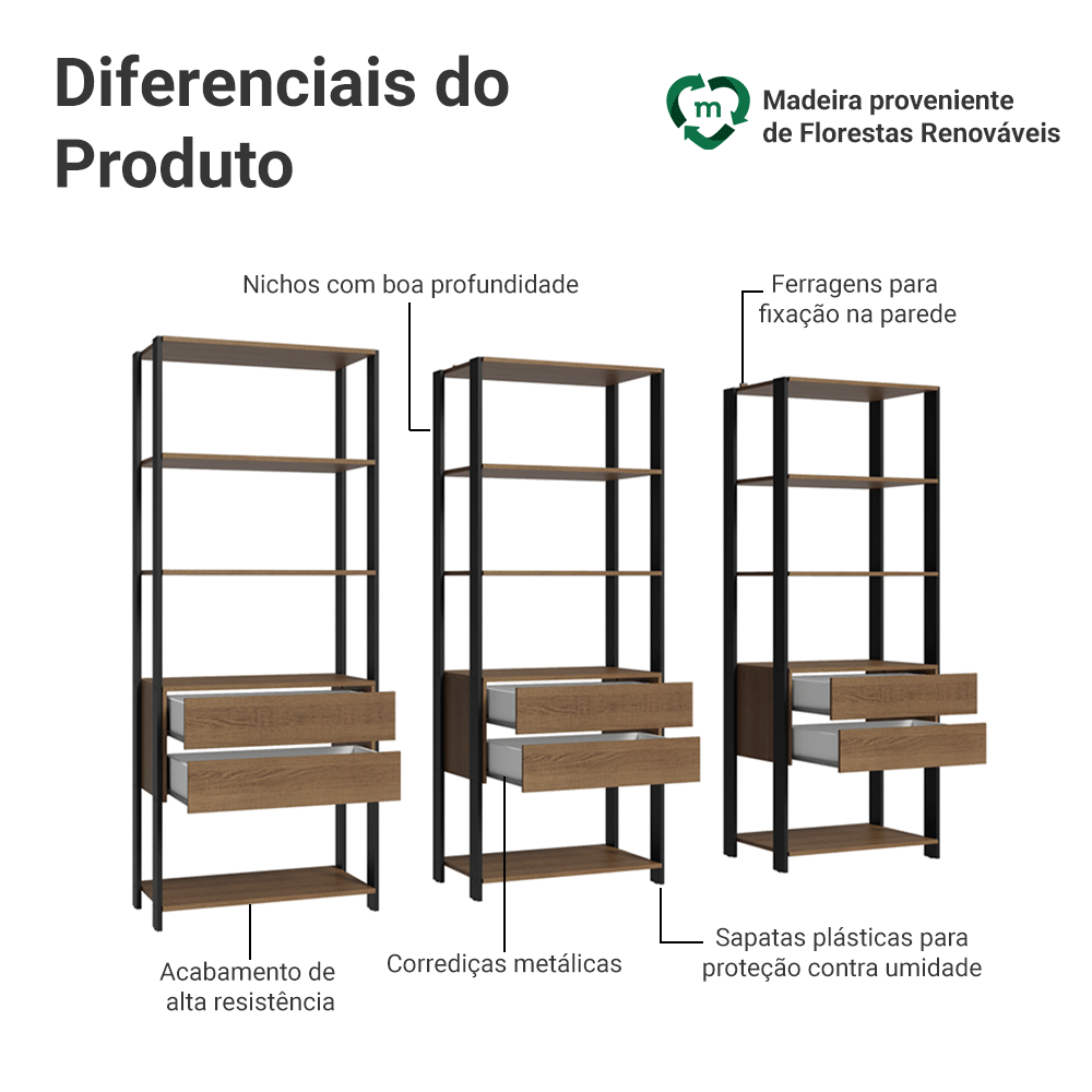 Estante Armário Multiuso para Livros 6 Gavetas 12 prateleiras 210cm Rustic/Preto Madesa