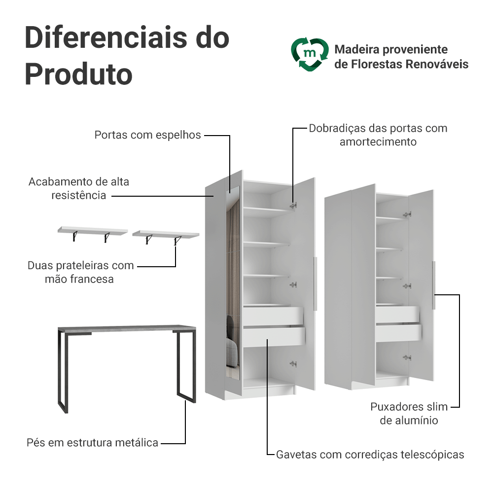 Conjunto Home Office 2 Armários com Espelhos Neo 1 Escrivaninha 2 Prateleiras Branco Madesa