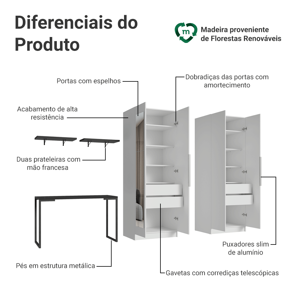 Conjunto Home Office 2 Armários Neo com Espelhos 1 Escrivaninha 2 Prateleiras Branco/Nero Madesa