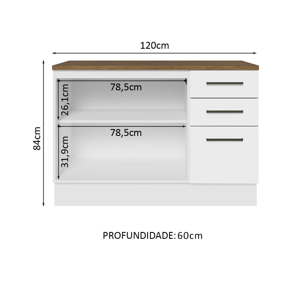Balcão Multiuso 120cm 2 Portas 3 Gavetas Branco/Rustic Agata Madesa