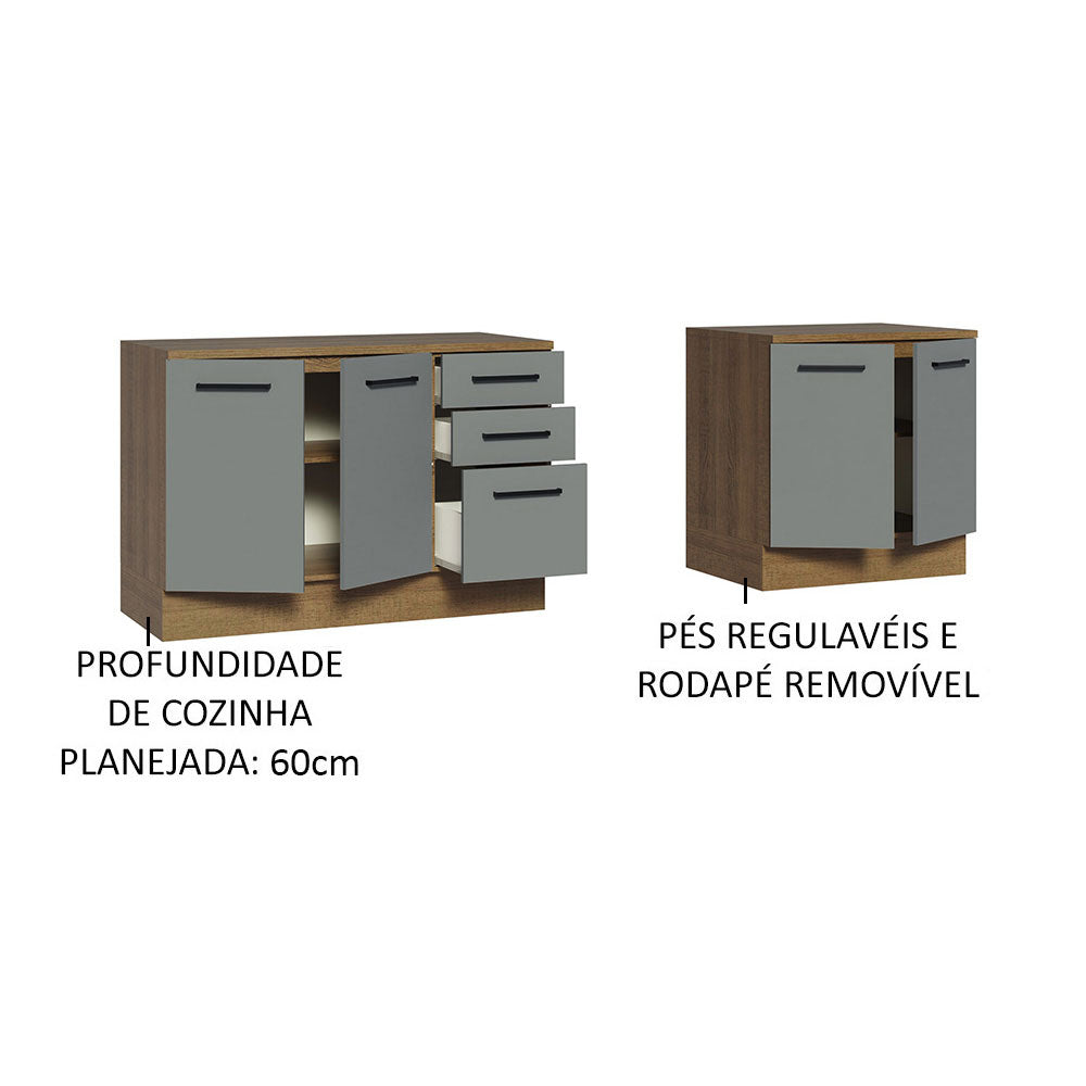 Kit com 2 Balcões Multiuso 4 Portas 3 Gavetas Rustic/Cinza Agata Madesa