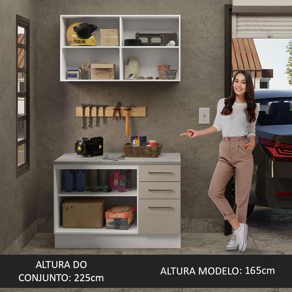 Kit com Balcão e Armário Aéreo Multiuso 120cm Branco/Crema Agata Madesa