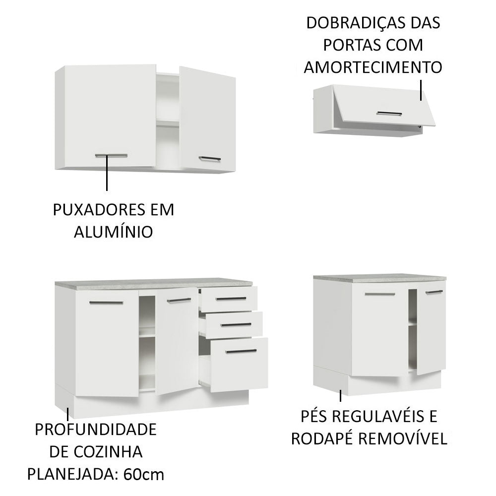 Kit com 2 Balcões e 2 Armários Aéreos Multiuso 200cm Branco Agata Madesa