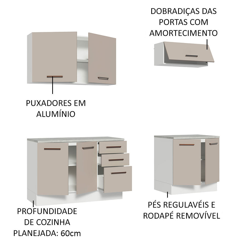 Kit com 2 Balcões e 2 Armários Aéreos Multiuso 200cm Branco/Crema Agata Madesa