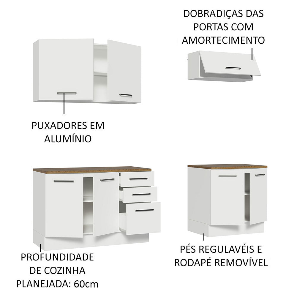 Kit com 2 Balcões e 2 Armários Aéreos Multiuso 200cm Branco/Rustic Agata Madesa