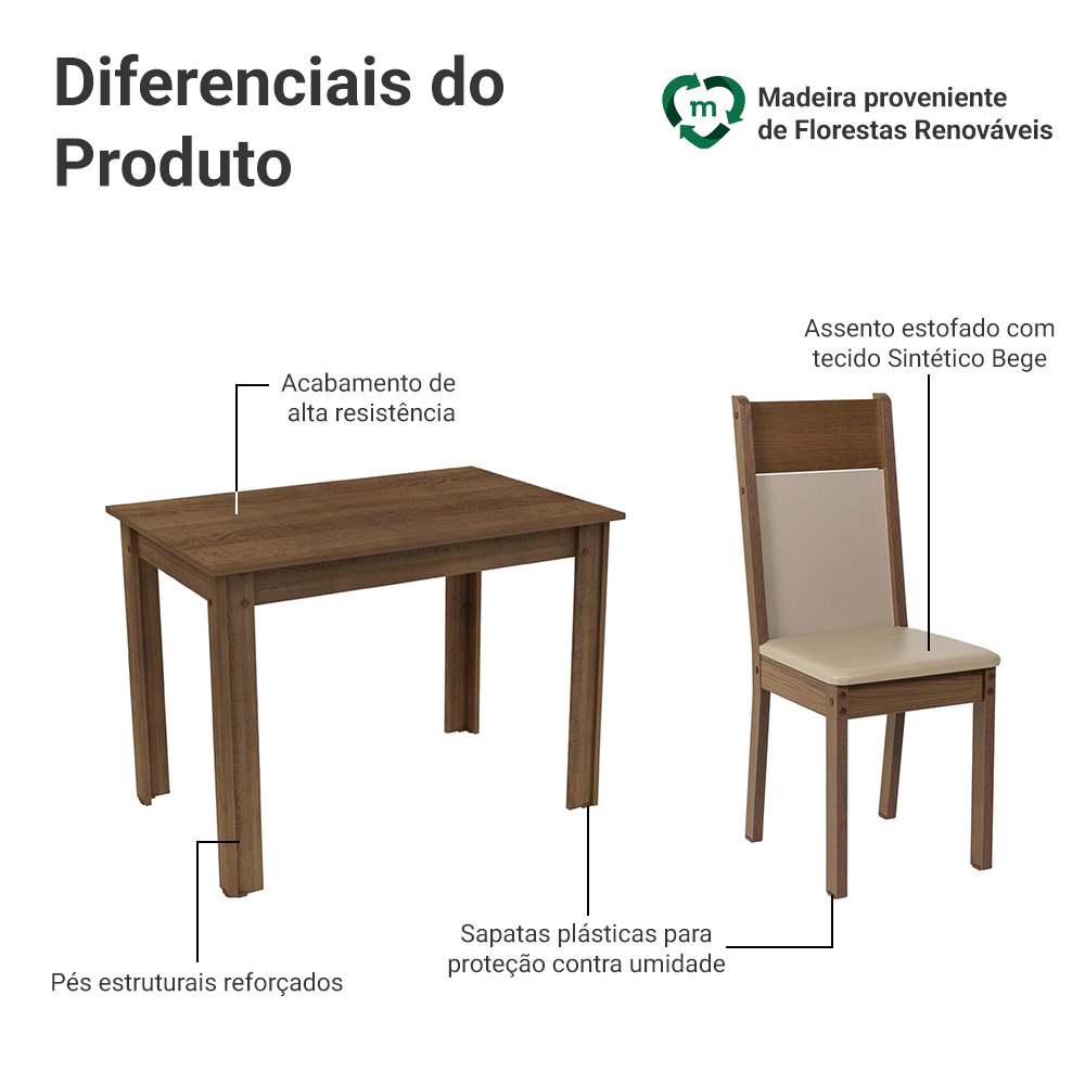 Conjunto Sala de Jantar Madesa Lola Mesa Tampo de Madeira com 2 Cadeiras Rustic/Crema/Sintético Bege