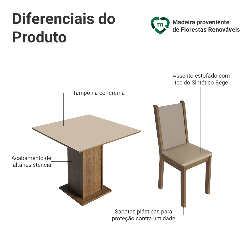 Conjunto Sala de Jantar Mesa Tampo de Madeira com 4 Cadeiras Rustic/Crema/Sintético Bege Madesa Alana