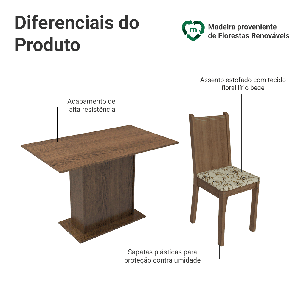 Conjunto Sala de Jantar Madesa Luana Mesa Tampo de Madeira com 4 Cadeiras Rustic/Lírio Bege