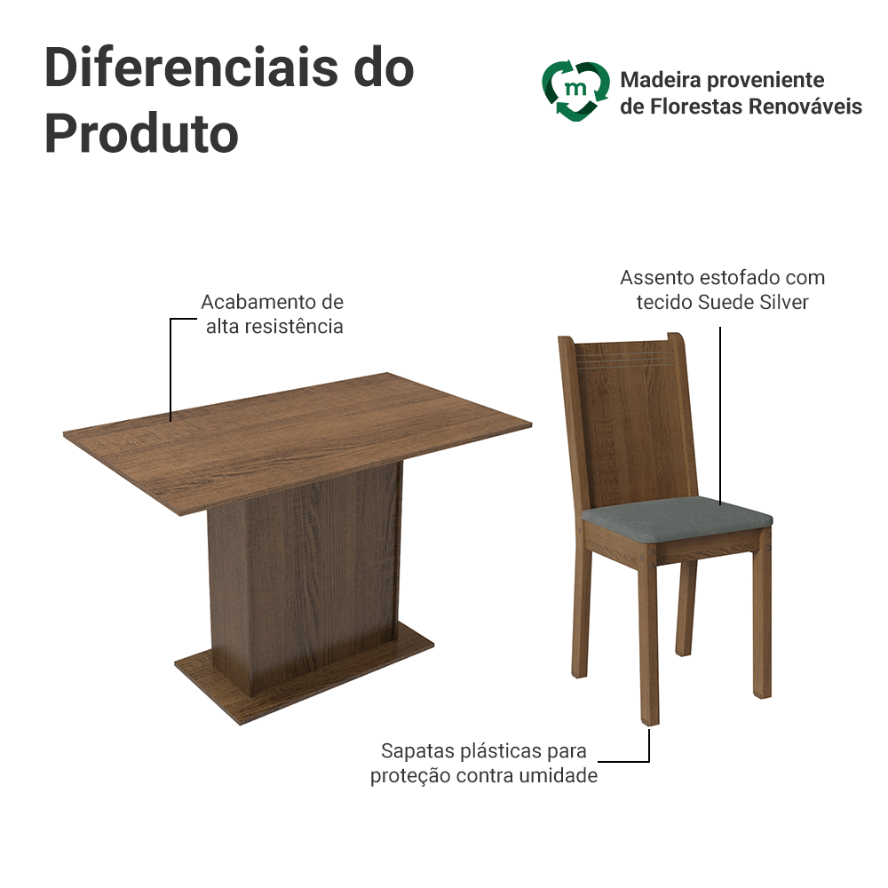 Conjunto Sala de Jantar Mesa Tampo de Madeira 4 Cadeiras Rustic/Silver Luana Madesa