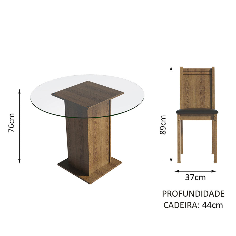 Conjunto Sala de Jantar Madesa Débora Mesa Tampo de Vidro Redondo 4 Cadeiras Rustic/Preto