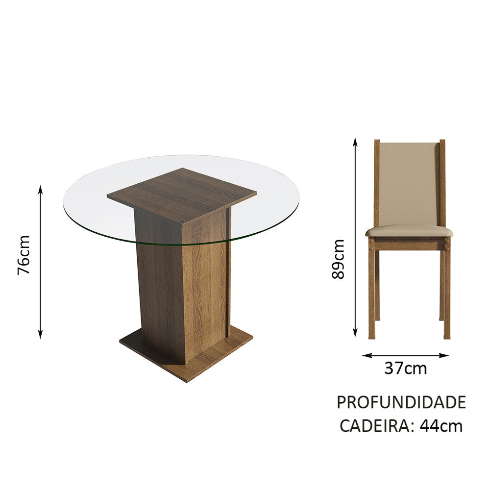 Conjunto Sala de Jantar Madesa Nanda Mesa Tampo de Vidro Redondo 4 Cadeiras Rustic/Crema/Bege