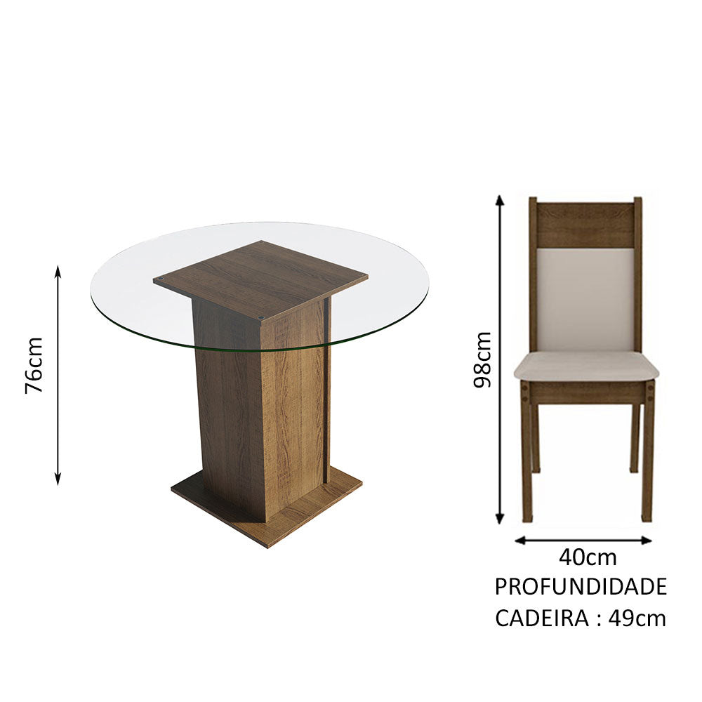 Conjunto Sala de Jantar Madesa Beta Mesa Tampo de Vidro Redondo 4 Cadeiras Rustic/Crema/Bege