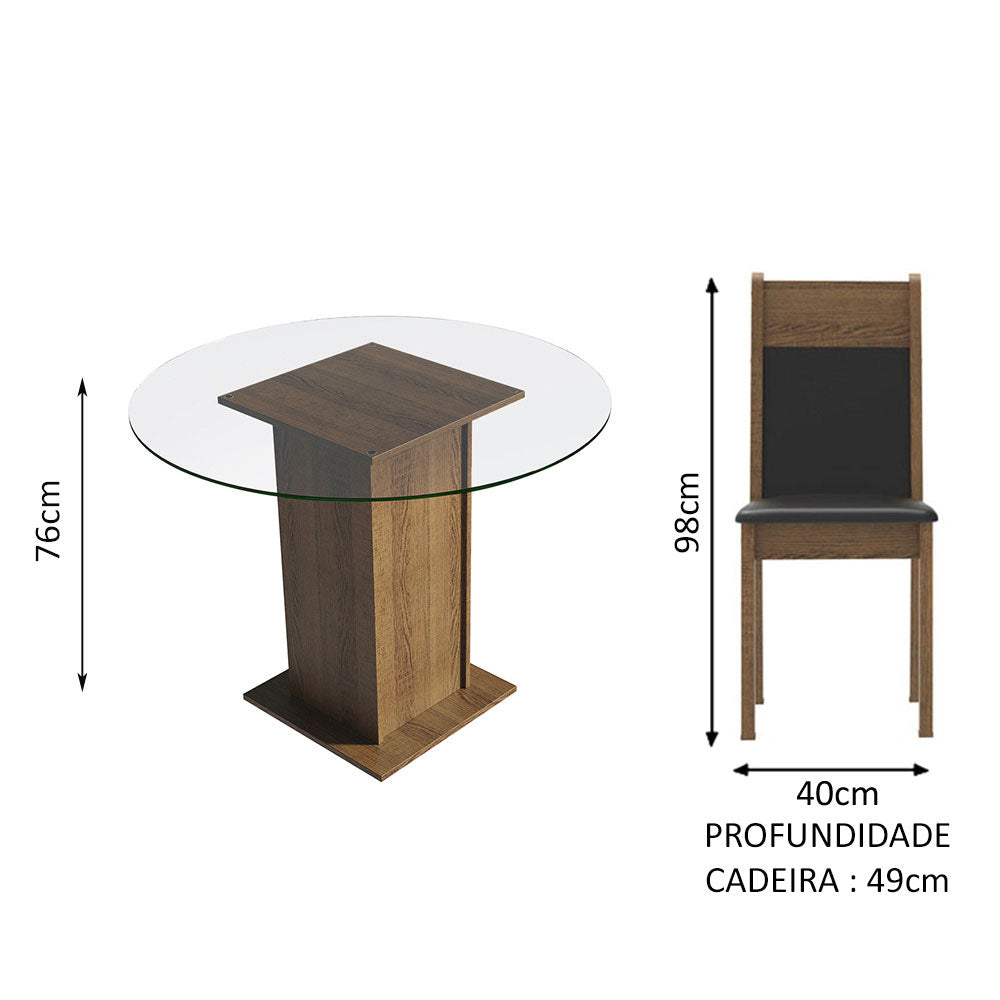 Conjunto Sala de Jantar Madesa Beta Mesa Tampo de Vidro Redondo 4 Cadeiras Rustic/Preto