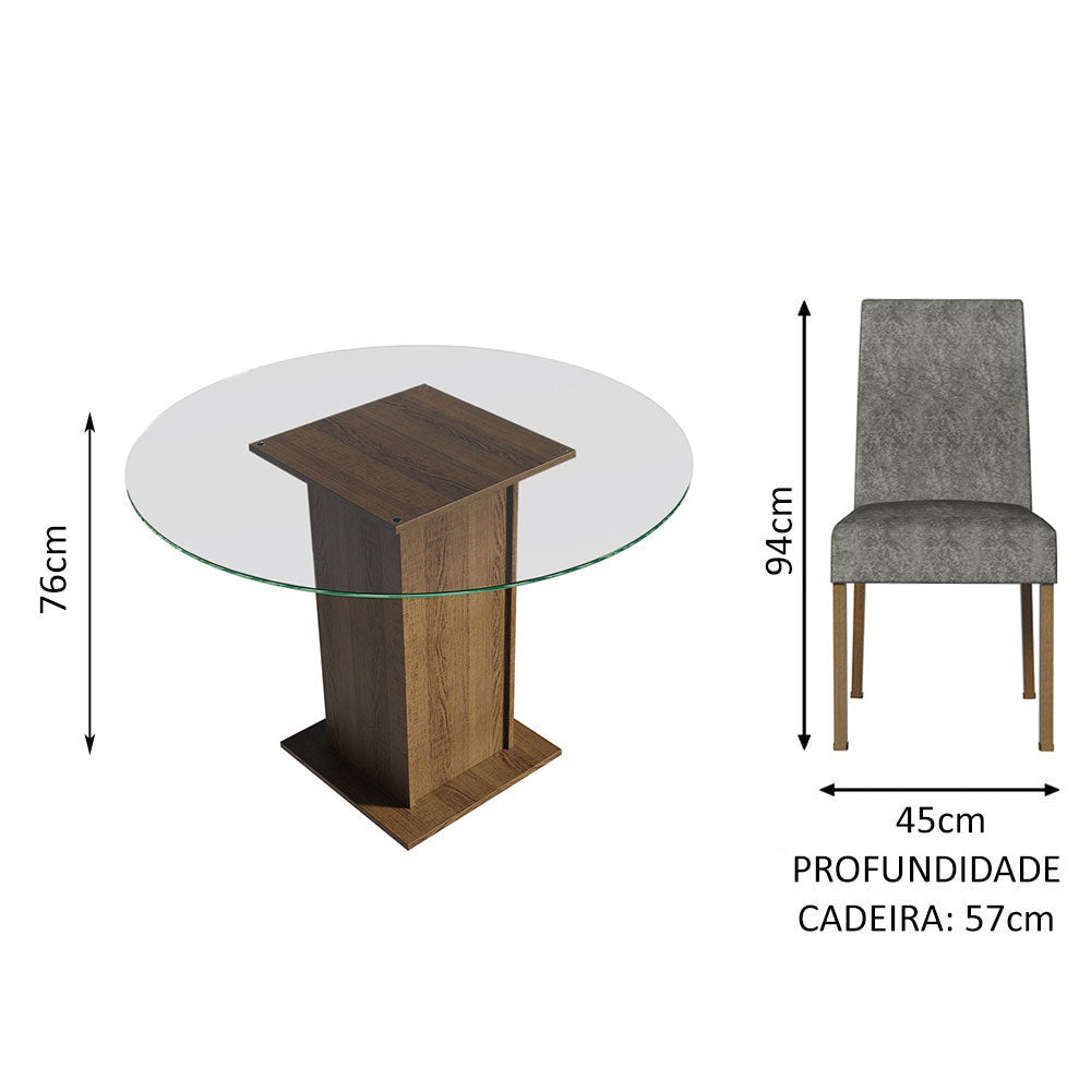 Conjunto Sala de Jantar Mesa Tampo de Vidro Redondo 4 Cadeiras Rustic/Silver Mile Madesa