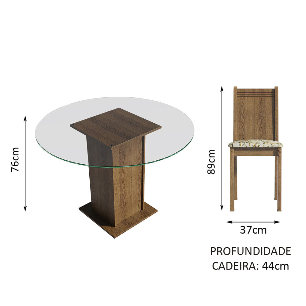 Conjunto Sala de Jantar Madesa Paula Mesa Tampo de Vidro Redondo 4 Cadeiras Rustic/Lírio Bege