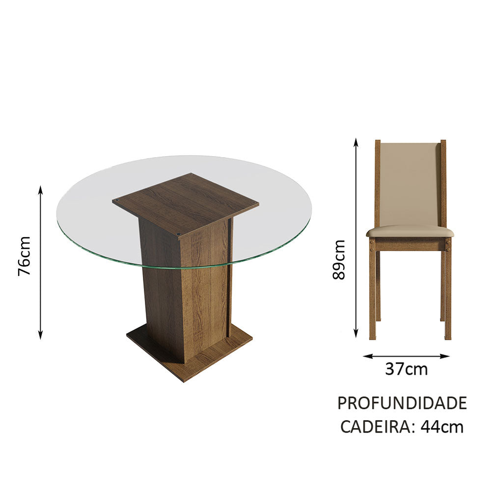 Conjunto Sala de Jantar Madesa Madu Mesa Tampo de Vidro Redondo 4 Cadeiras Rustic/Crema/Bege