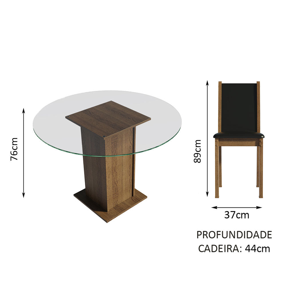 Conjunto Sala de Jantar Madesa Madu Mesa Tampo de Vidro Redondo 4 Cadeiras Rustic/Preto/Preto